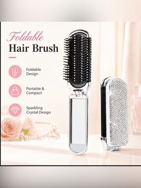 Foldable Black & Silver Hair Brush with Crystal Design
